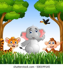 Vector illustration of Cartoon animals in the jungle