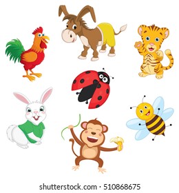 Vector Illustration Of Cartoon Animals, ladybug, rabbit, monkey, bee