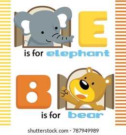 Vector illustration of cartoon  animals in opened window, bear and elephant cartoon
