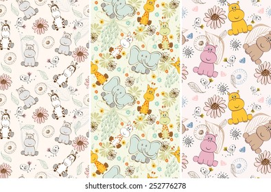 Vector illustration with cartoon animals. Seamless pattern
