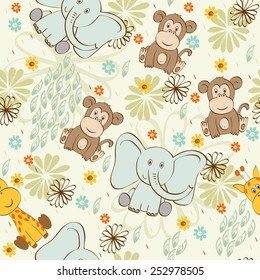 Vector illustration with cartoon animals. Seamless pattern