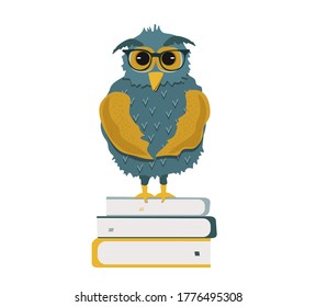 Vektorgrafik von Cartoon-Tieren. Eine weise Eule mit Brille sitzt auf einem Stapel von Büchern, Wörterbüchern, Lehrbüchern. Das Konzept des Lesens von Büchern, Bildung, zurück zur Schule.