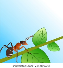 Vector illustration of Cartoon ant on the leaf, ants walking on leafy tree branches 