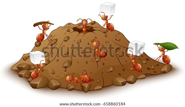 Vector\
illustration of Cartoon ants colony with\
anthill