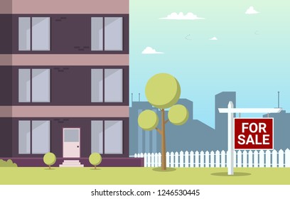 Vector Illustration Cartoon Apartment For Sale. Image Part New House. Sale Apartments in New Residential Building. View Standing Building against Background Metropolitan. Home Buying Concept