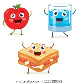 Vector Illustration Of Cartoon Apple, Cup, Toast