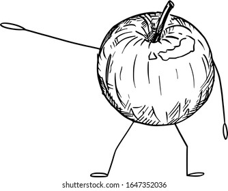 Vector illustration of cartoon apple fruit character showing or pointing at something by hand. Healthy lifestyle or food or farm advertisement or marketing design.