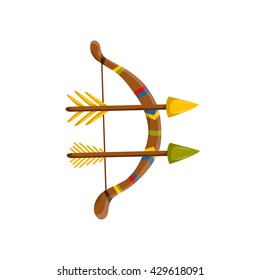 Vector illustration with cartoon arrows and bow. Archery icon. Indian ancient antique weapon in cartoon style. Vector archery colorful icon. Isolated bow with arrows on white background