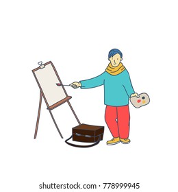 Vector illustration of cartoon artist painter isolated on white background. Line style. Cute Character. 
