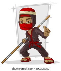 A vector illustration of Cartoon Asian ninja in red mask with stick