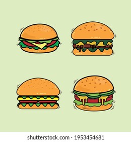 vector illustration cartoon assortment of fast food burgers with flat line design style