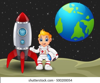 Vector illustration of Cartoon astronaut boy holding a helmet and rocket space ship on the moon with planet earth in the background