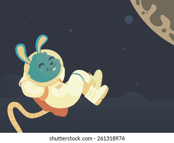 Vector illustration of a cartoon astronaut bunny relaxing in space.