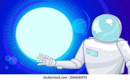 Vector illustration of cartoon astronaut character and screen with empty space for design.
