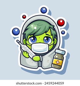 Vector illustration of a cartoon astronaut character in a spacesuit holding a thermometer and medicine, isolated on a blue background, health concept. Vector illustration