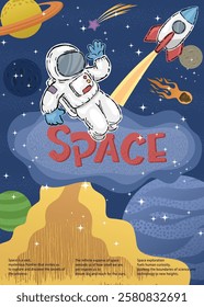 Vector illustration of cartoon astronaut with outer space elements