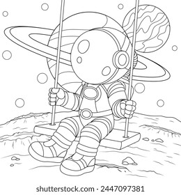 Vector illustration, cartoon astronaut riding on a swing in space, coloring book.