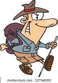 A vector illustration of cartoon Australian hiker man wearing a backpack