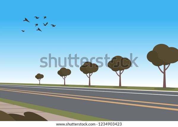 Vector Illustration Cartoon automobile highway.\
Planted trees along road. Flying birds in sky. Route connecting\
city. Car travel\
concept.