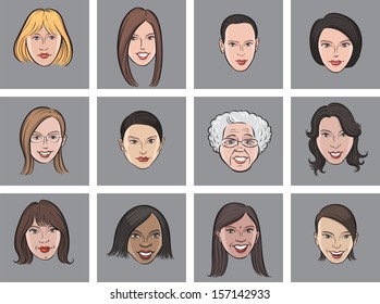 Vector illustration of Cartoon avatar beautiful women faces. Easy-edit layered vector EPS10 file scalable to any size without quality loss. High resolution raster JPG file is included.