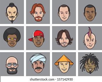 Vector illustration of Cartoon avatar eccentric faces. Easy-edit layered vector EPS10 file scalable to any size without quality loss. High resolution raster JPG file is included. svg