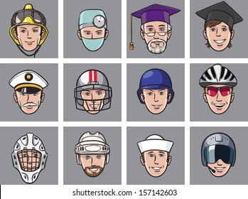 Vector illustration of cartoon avatar faces job occupations. Easy-edit layered vector EPS10 file scalable to any size without quality loss. High resolution raster JPG file is included.