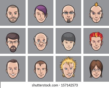 Vector illustration of Cartoon avatar various men faces. Easy-edit layered vector EPS10 file scalable to any size without quality loss. High resolution raster JPG file is included.