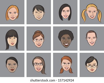 Vector illustration of Cartoon avatar various women faces. Easy-edit layered vector EPS10 file scalable to any size without quality loss. High resolution raster JPG file is included.