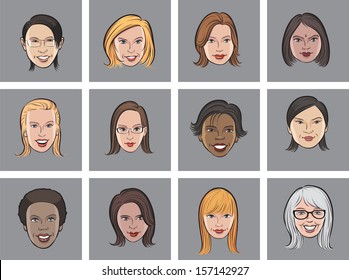 Vector illustration of Cartoon avatar women faces. Easy-edit layered vector EPS10 file scalable to any size without quality loss. High resolution raster JPG file is included.