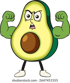 Vector illustration of a cartoon avocado with muscular arms and expressive face, vibrant colors, humorous style