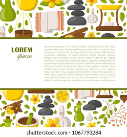 Vector illustration with cartoon ayurveda background. Wellness therapy, health and body care, spa alternative medicine. Vector cartoon ayurveda background. Relaxation, ayurvedic medicine vector