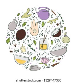Vector illustration with cartoon ayurveda background. Wellness therapy, health and body care, spa alternative medicine. Vector cartoon ayurveda background. Relaxation, ayurvedic medicine vector