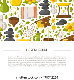 Vector illustration with cartoon ayurveda background. Wellness therapy, health and body care, spa alternative medicine.