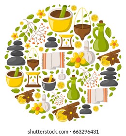 Ilustração vetorial com fundo ayurveda dos desenhos animados. Terapia de bem-estar, saúde e cuidados com o corpo, spa medicina alternativa. Fundo ayurveda dos desenhos animados vetoriais. Relaxamento, vetor de medicina ayurvédica
