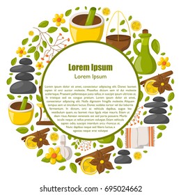 Vector illustration with cartoon ayurveda background. Wellness therapy, health and body care, spa alternative medicine. Vector cartoon ayurveda background. Relaxation, ayurvedic medicine vector
