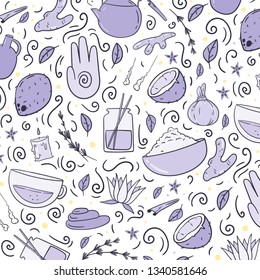 Vector illustration with cartoon Ayurveda elements. Alternative medicine,health care,organic food,relaxation. Vector template.