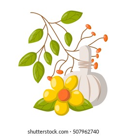 Vector illustration with cartoon ayurveda relaxation spa herbal press isolated on white background. Thailand, asian spa therapy wellness relaxation icon. Vector massage skincare background