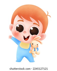 Vector Illustration of Cartoon Baby character. Cute baby with rabbit doll