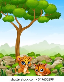 Vector illustration of Cartoon baby cheetah with kitten lay down in the jungle