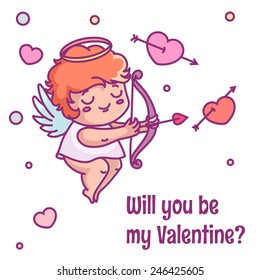 Vector illustration of cartoon baby cupid with hearts, bow and arrows.