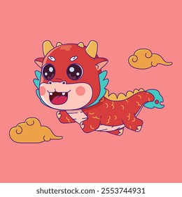 Vector illustration of cartoon baby dragon. Cute cartoon of flying dragon. Isolated character of dragon.
