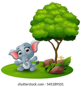 Vector illustration of Cartoon baby elephant sitting under a tree on a white background