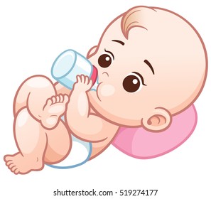 Vector Illustration of Cartoon baby holding a milk bottle.Baby infant eating milk