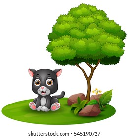 Vector illustration of Cartoon baby jaguar sitting under a tree on a white background