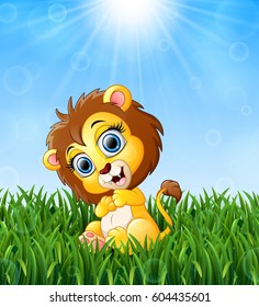 Vector illustration of Cartoon baby lion sitting in the grass on a background of bright sunshine