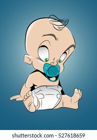 Vector illustration of a cartoon baby with a pacifier and white diaper