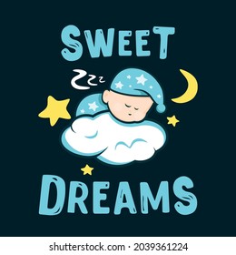 Vector illustration of cartoon baby sleeping on a cloud. Magic kids illustration with moon and boy. A beautiful poster for a children's room or bedroom. Children's greeting card. Baby shower card