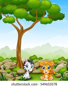 Vector illustration of Cartoon baby zebra with baby tiger sitting in the jungle
