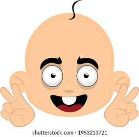 Vector illustration of a cartoon baby's head emoticon doing the classic gesture with his hands of love and peace