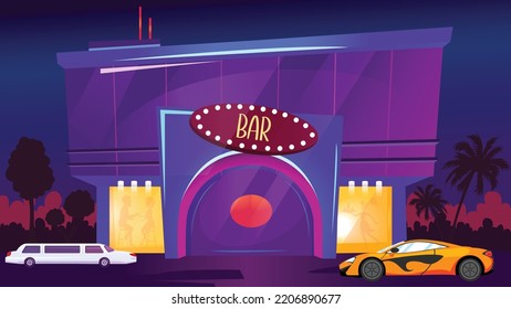 Vector Illustration Cartoon Background With Bar At Night.Luxury Pub Exterior.Place For Drinks With People Inside.Modern Architectural Building For Wine Drinks And Entertainment.stop Cars Near The Bar.